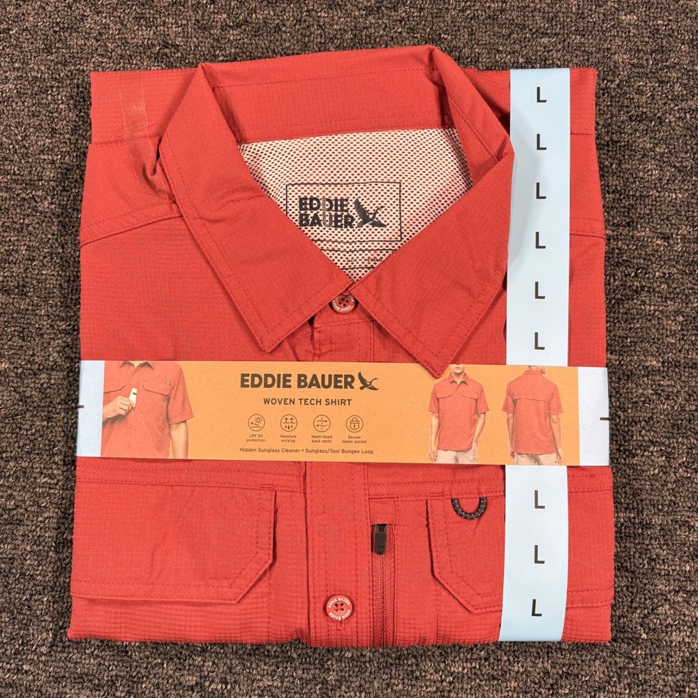 Eddie Bauer Woven Tech Shirt Mens Large Red Short Sleeve UPF 50 Ripstop Hiking